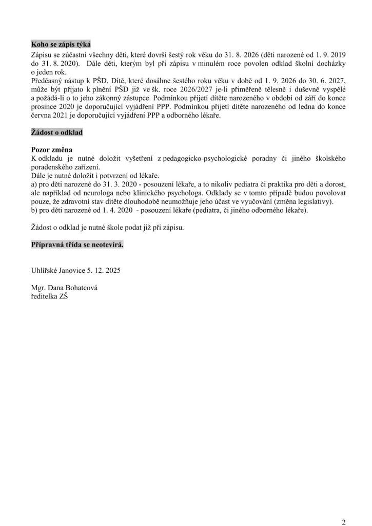 Zápis dětí do 1.ročníku šk.rok 2026/2027